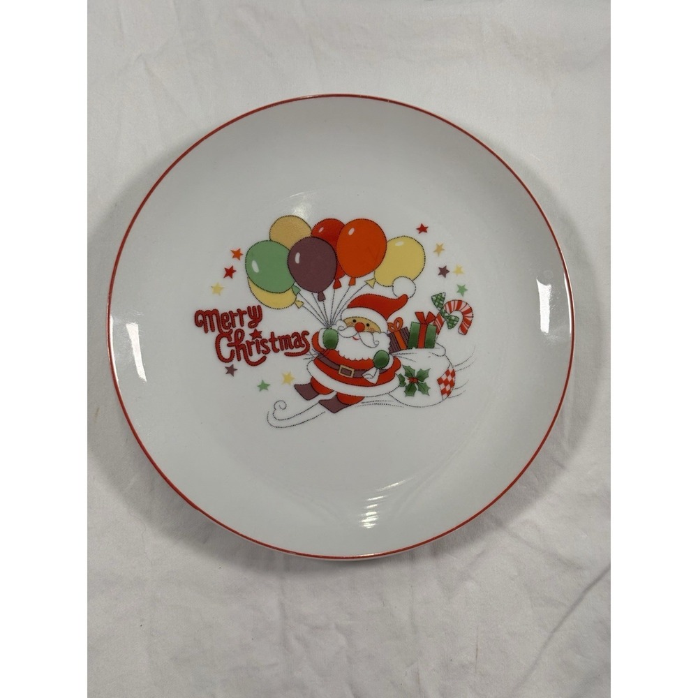Vintage Seizan Fine China Merry Christmas Santa Plate Red Rim 7 Inch Dessert‎
